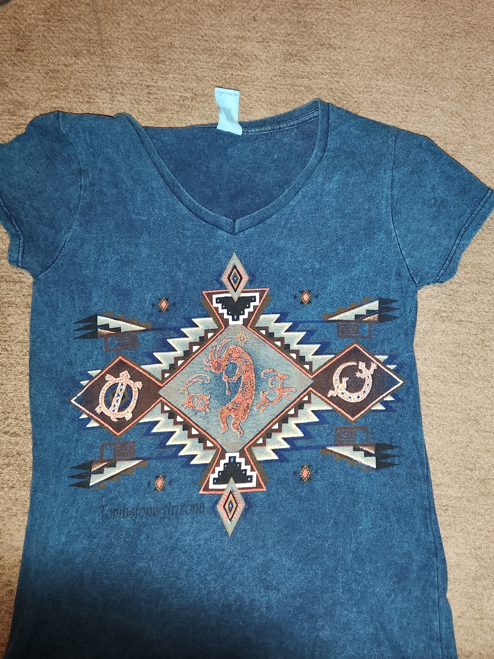 Gildan Heathered Blue Cotton V‑Neck Tee with Aztec Design Marled Texture S